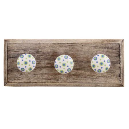 Blue Dot Ceramic Wooden Hooks